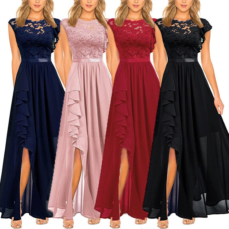 Lace Bodice Chiffon Ruffle Slit Maxi Dress