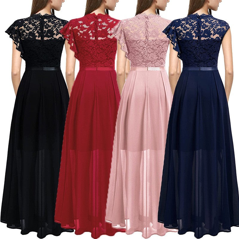 Lace Bodice Chiffon Ruffle Slit Maxi Dress