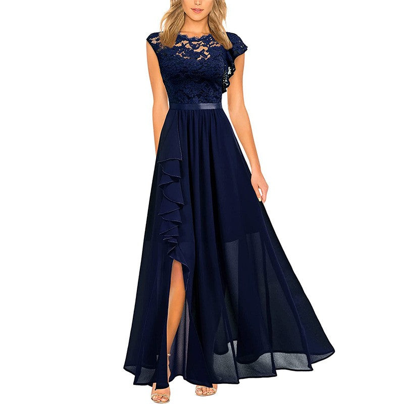 Lace Bodice Chiffon Ruffle Slit Maxi Dress