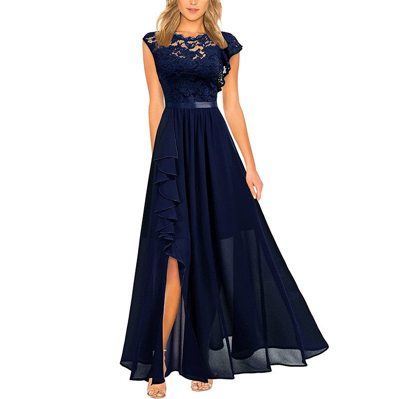 Lace Bodice Chiffon Ruffle Slit Maxi Dress