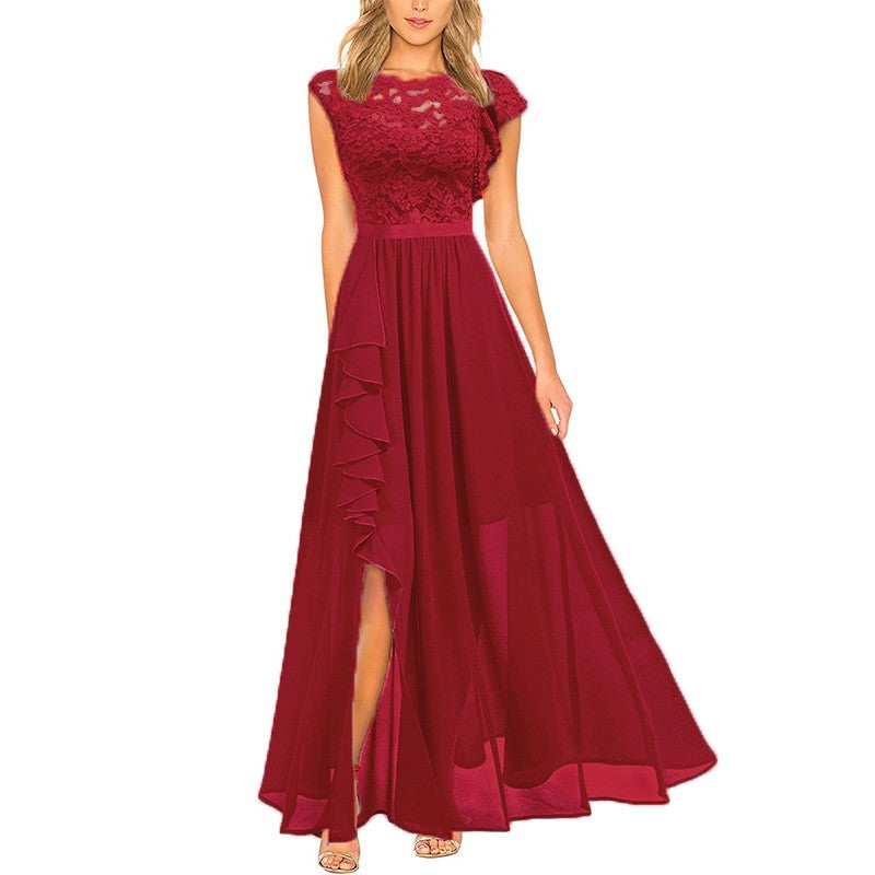 Lace Bodice Chiffon Ruffle Slit Maxi Dress