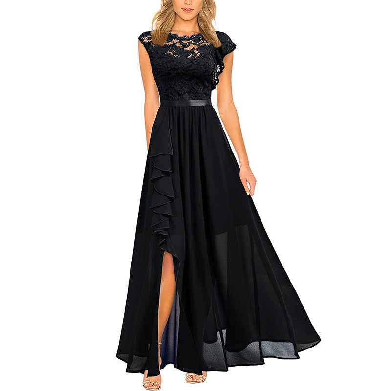 Lace Bodice Chiffon Ruffle Slit Maxi Dress