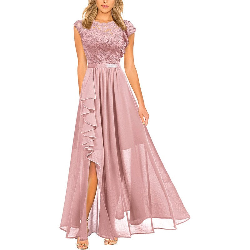Lace Bodice Chiffon Ruffle Slit Maxi Dress
