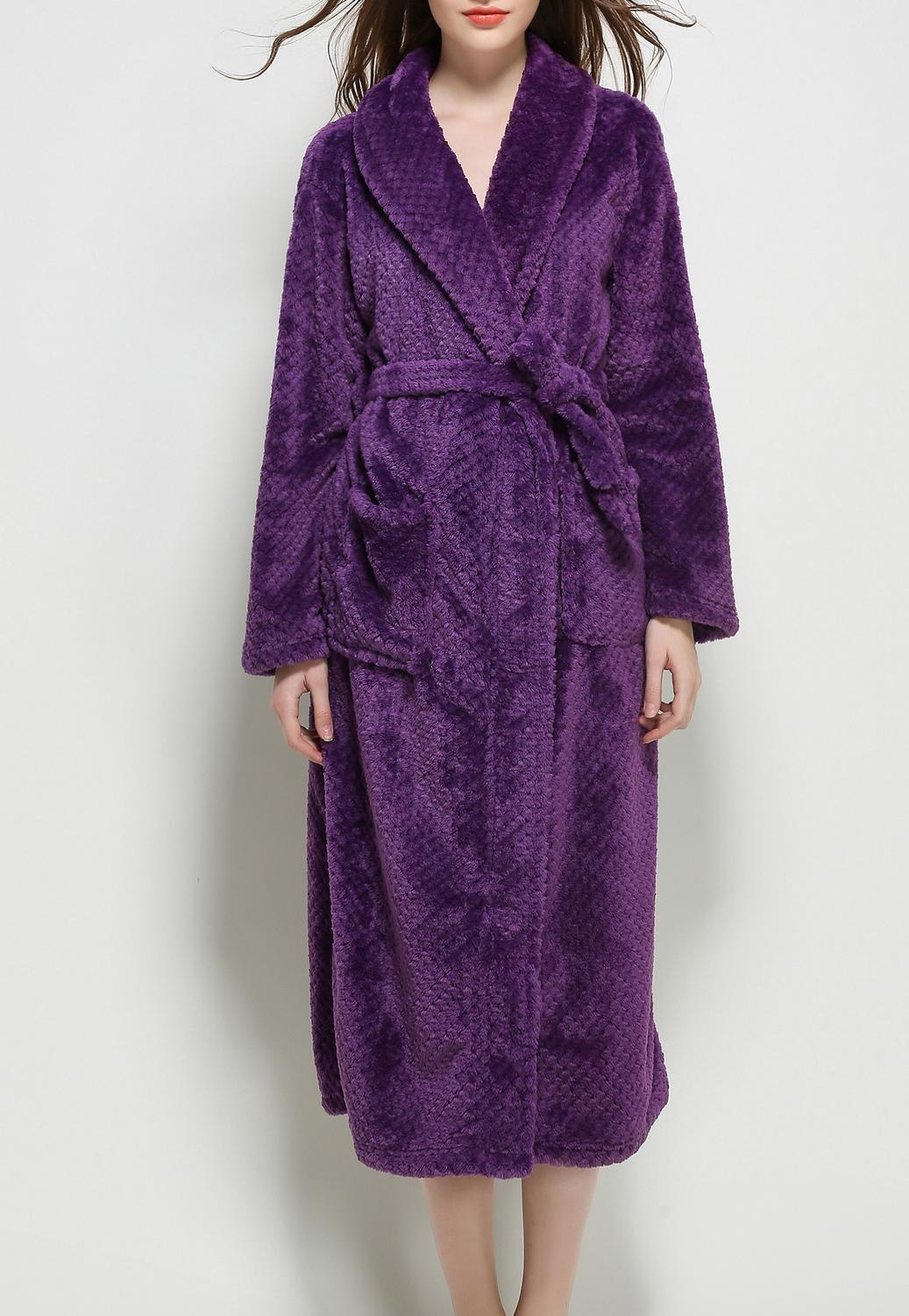 Long Flannel Fleece Wrap Robe - Purple - 2