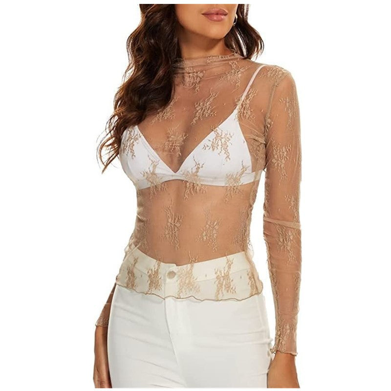 Sheer Lace Mock Neck Layering Tee - Apricot
