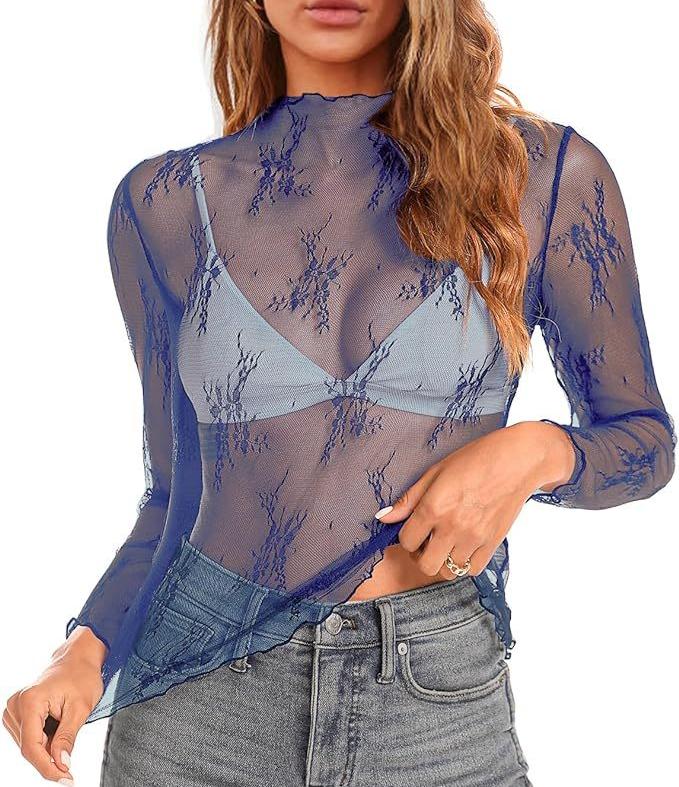 Sheer Lace Mock Neck Layering Tee - Blue