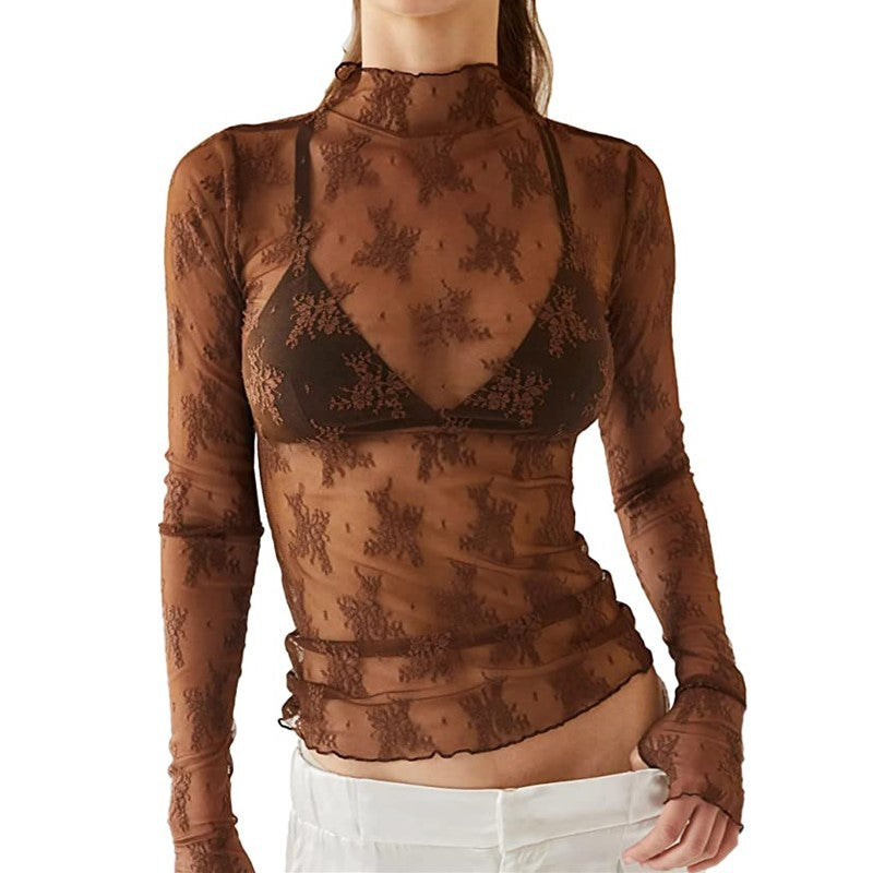 Sheer Lace Mock Neck Layering Tee - Brown