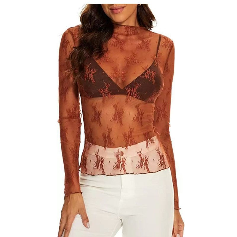 Sheer Lace Mock Neck Layering Tee - Coffee