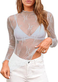Sheer Lace Mock Neck Layering Tee - Gray