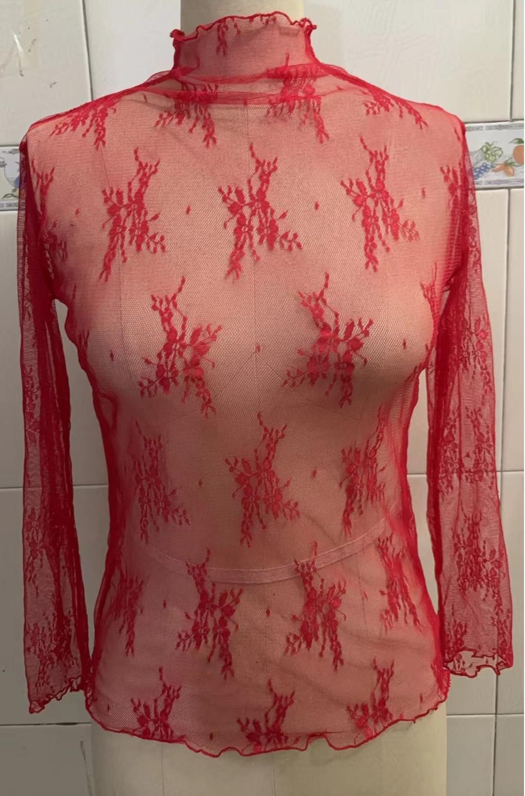 Sheer Lace Mock Neck Layering Tee - Red