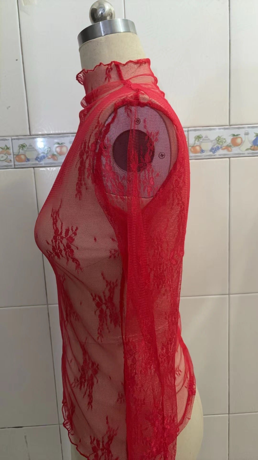 Sheer Lace Mock Neck Layering Tee - Red - 1