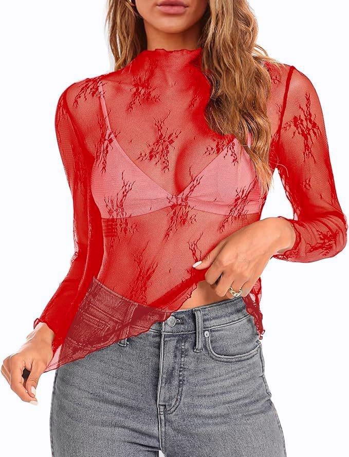 Sheer Lace Mock Neck Layering Tee