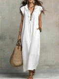 Boho Ruffle Placket Maxi Dress With Pockets - White