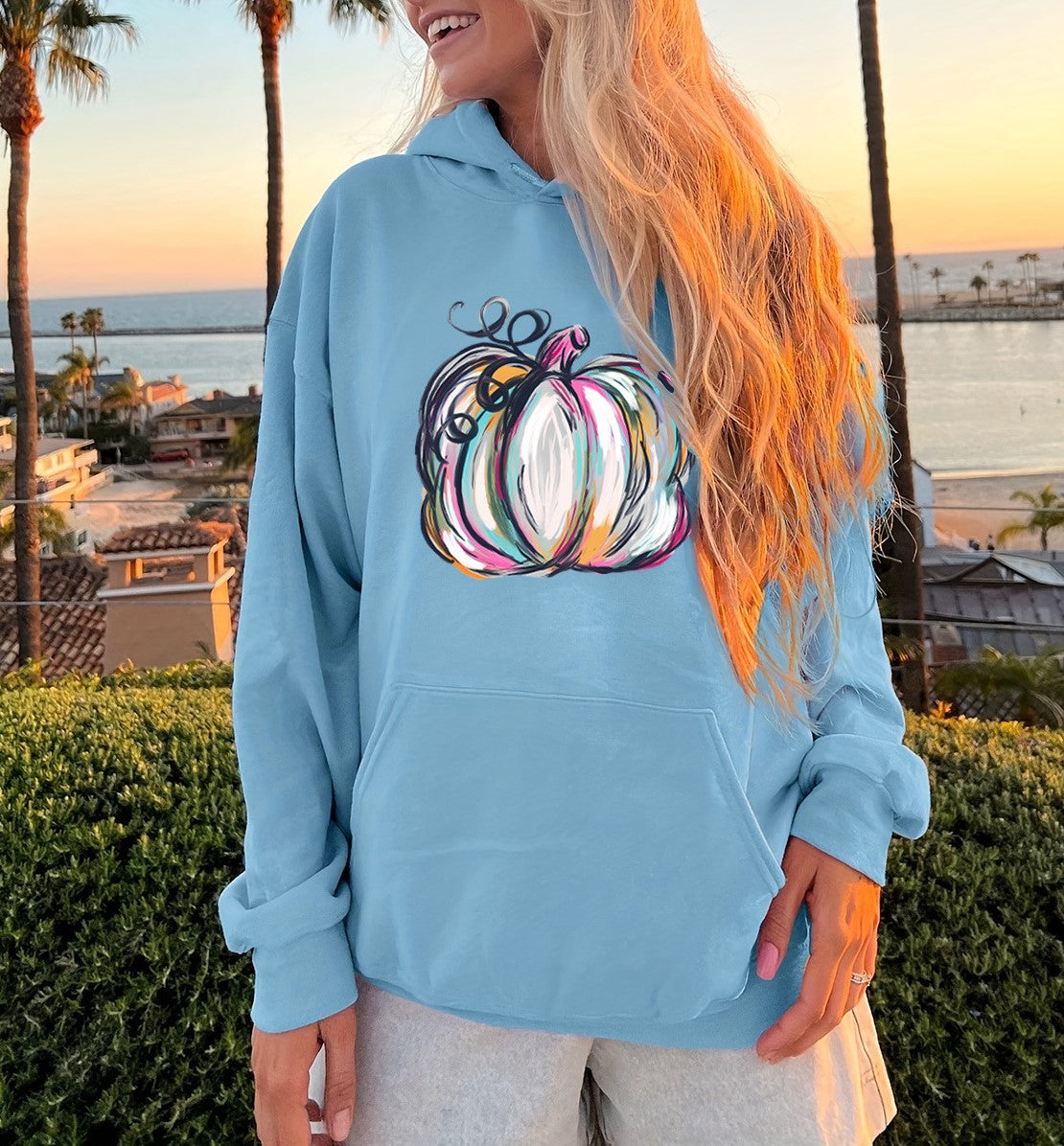 Watercolor Pumpkin Print Fleece Hoodie - Sky Blue