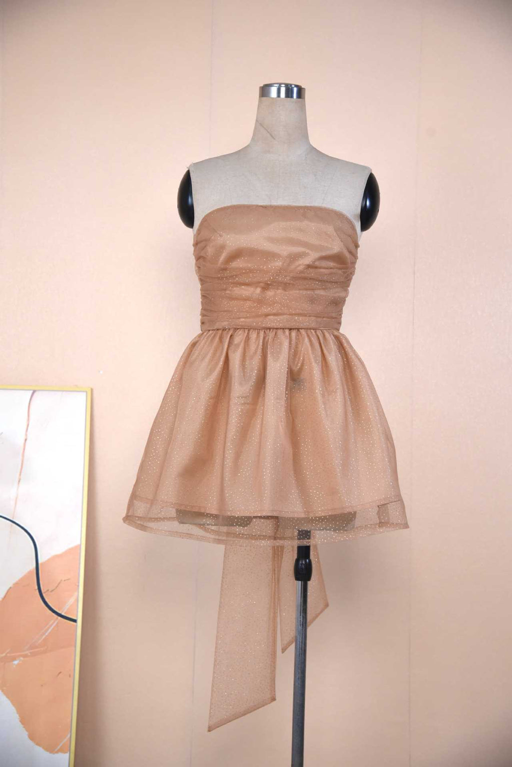 Ruched Party Mini Dress With Sash Bow - Camel