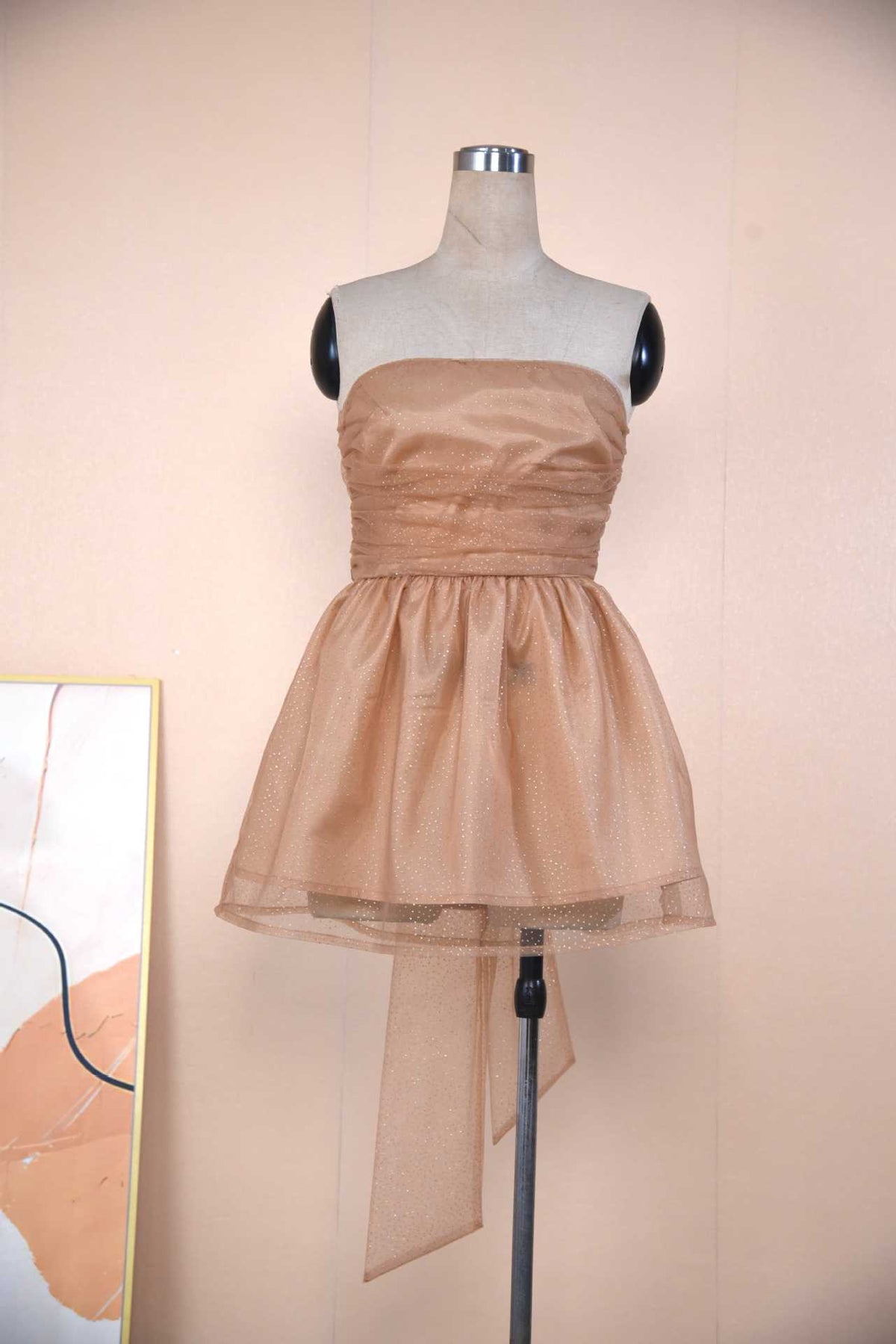 Ruched Party Mini Dress With Sash Bow - Camel