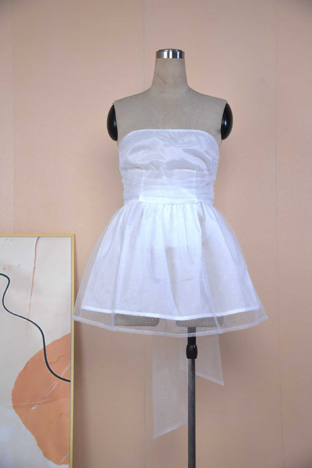 Ruched Party Mini Dress With Sash Bow - White