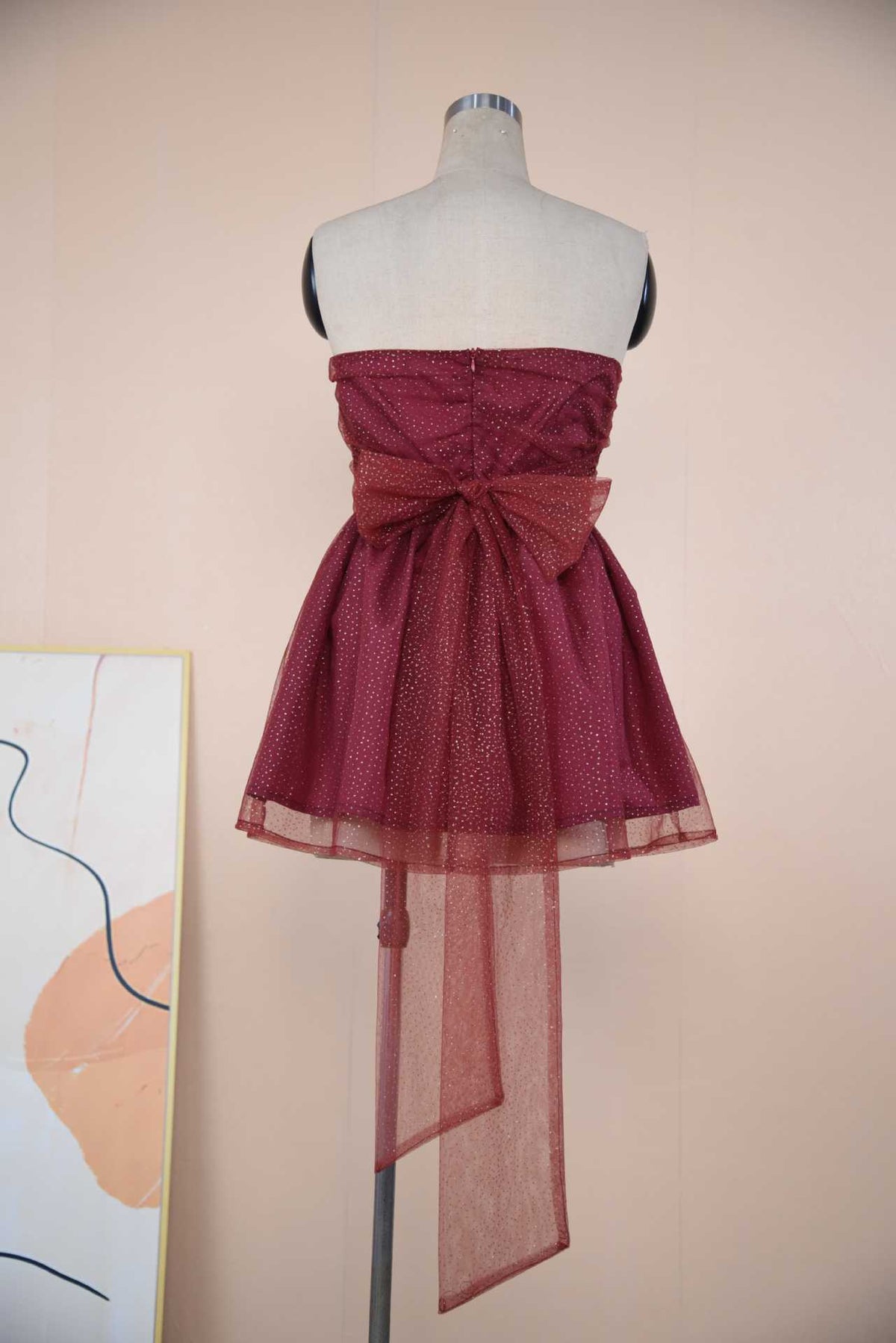 Ruched Party Mini Dress With Sash Bow - WineRed