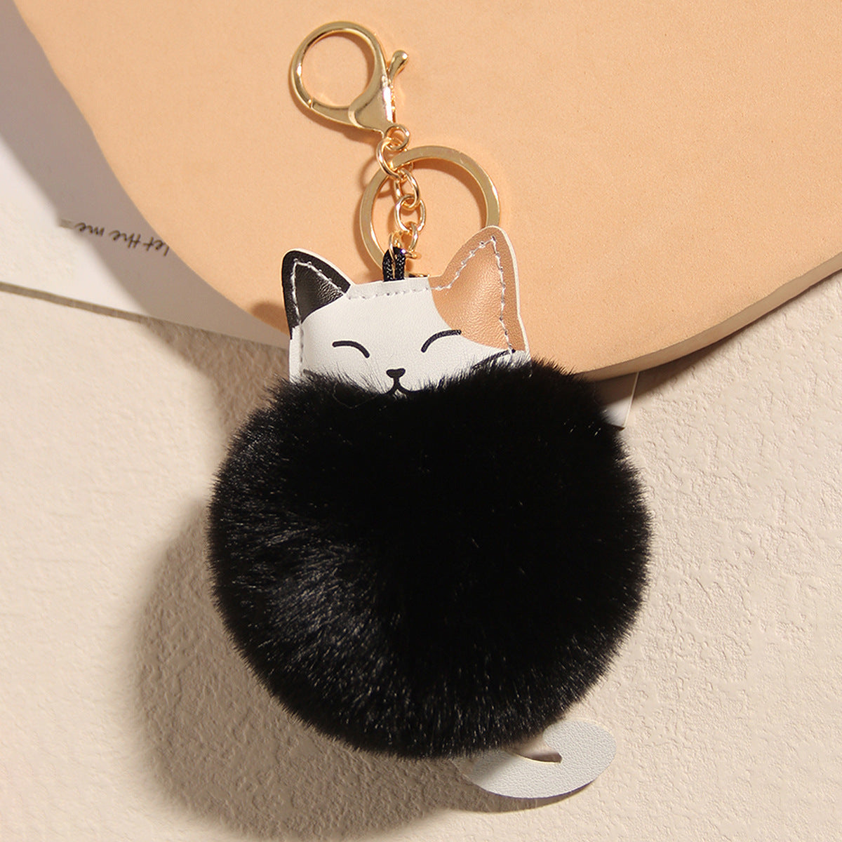 Fluffy Cat Pom Pom Bag Charm Keychain - Black