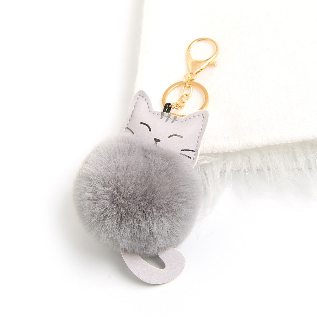 Fluffy Cat Pom Pom Bag Charm Keychain - Grey