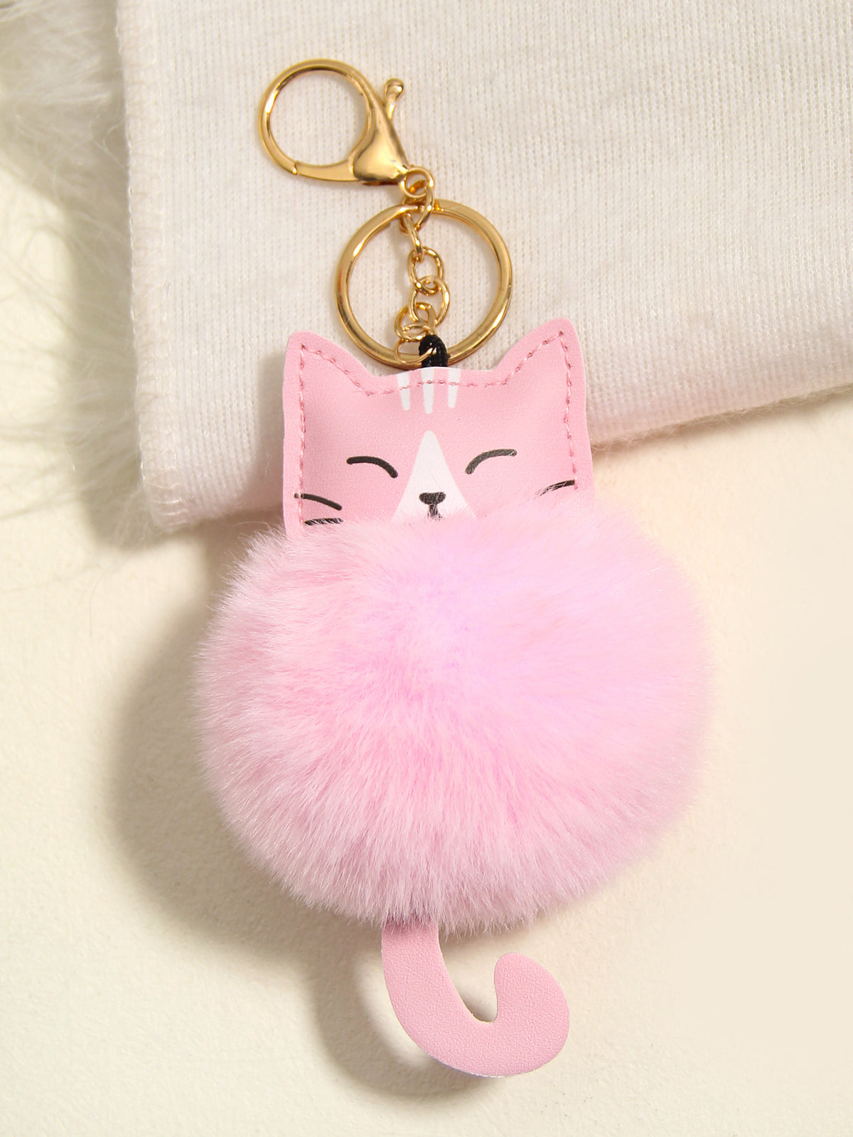 Fluffy Cat Pom Pom Bag Charm Keychain - Pink
