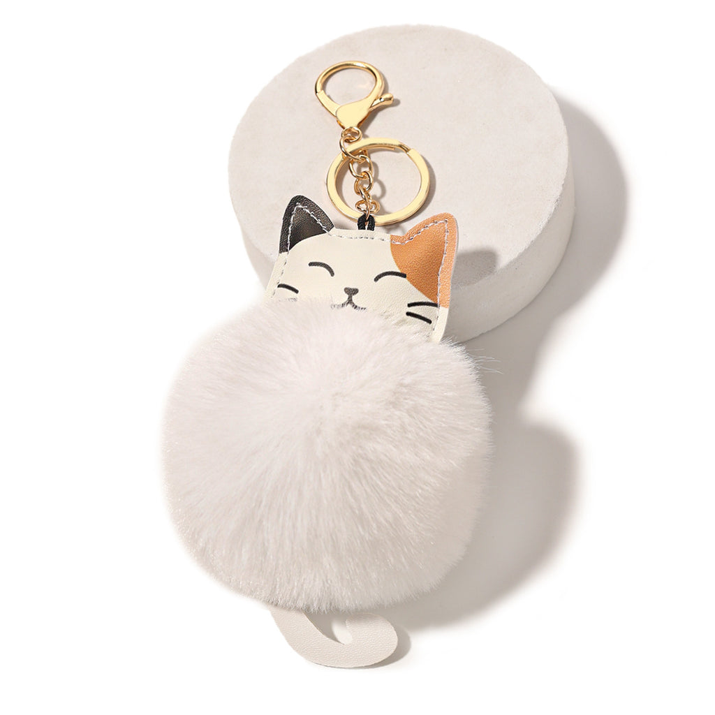 Fluffy Cat Pom Pom Bag Charm Keychain - White