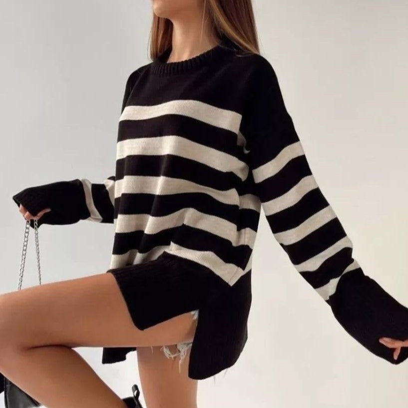 Bold Stripe Oversized Side Slit Sweater - Black