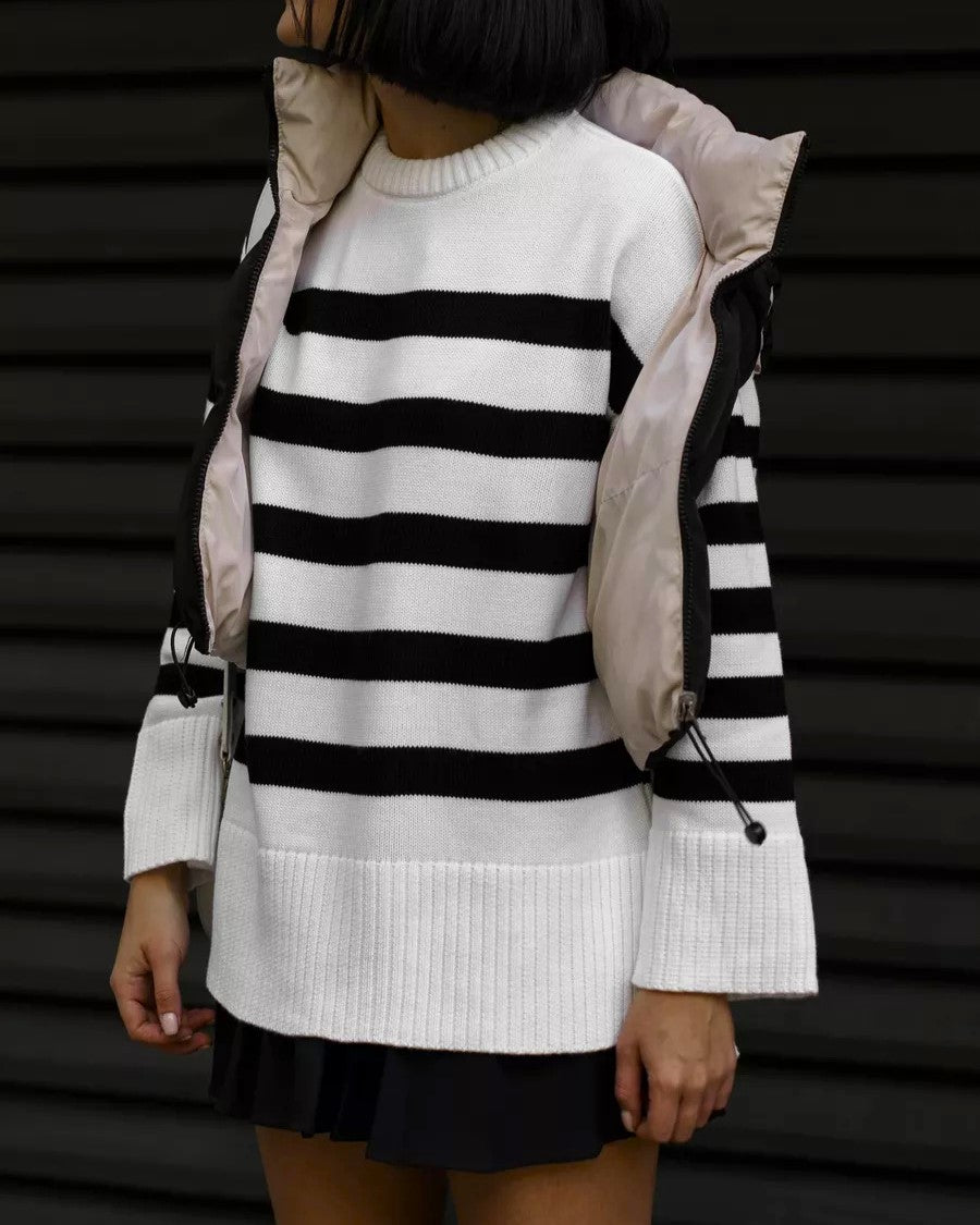Bold Stripe Oversized Side Slit Sweater - White - 1