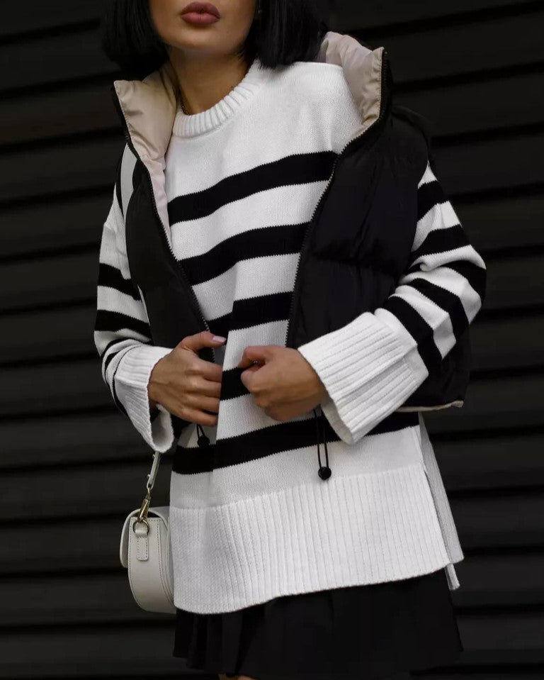 Bold Stripe Oversized Side Slit Sweater - White - 2