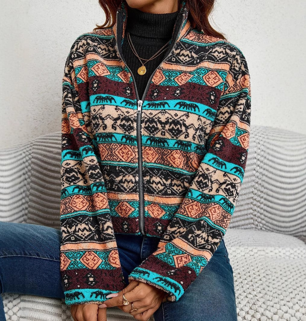 Western Geo Stripe Full Zip Fleece Jacket - Coffee
