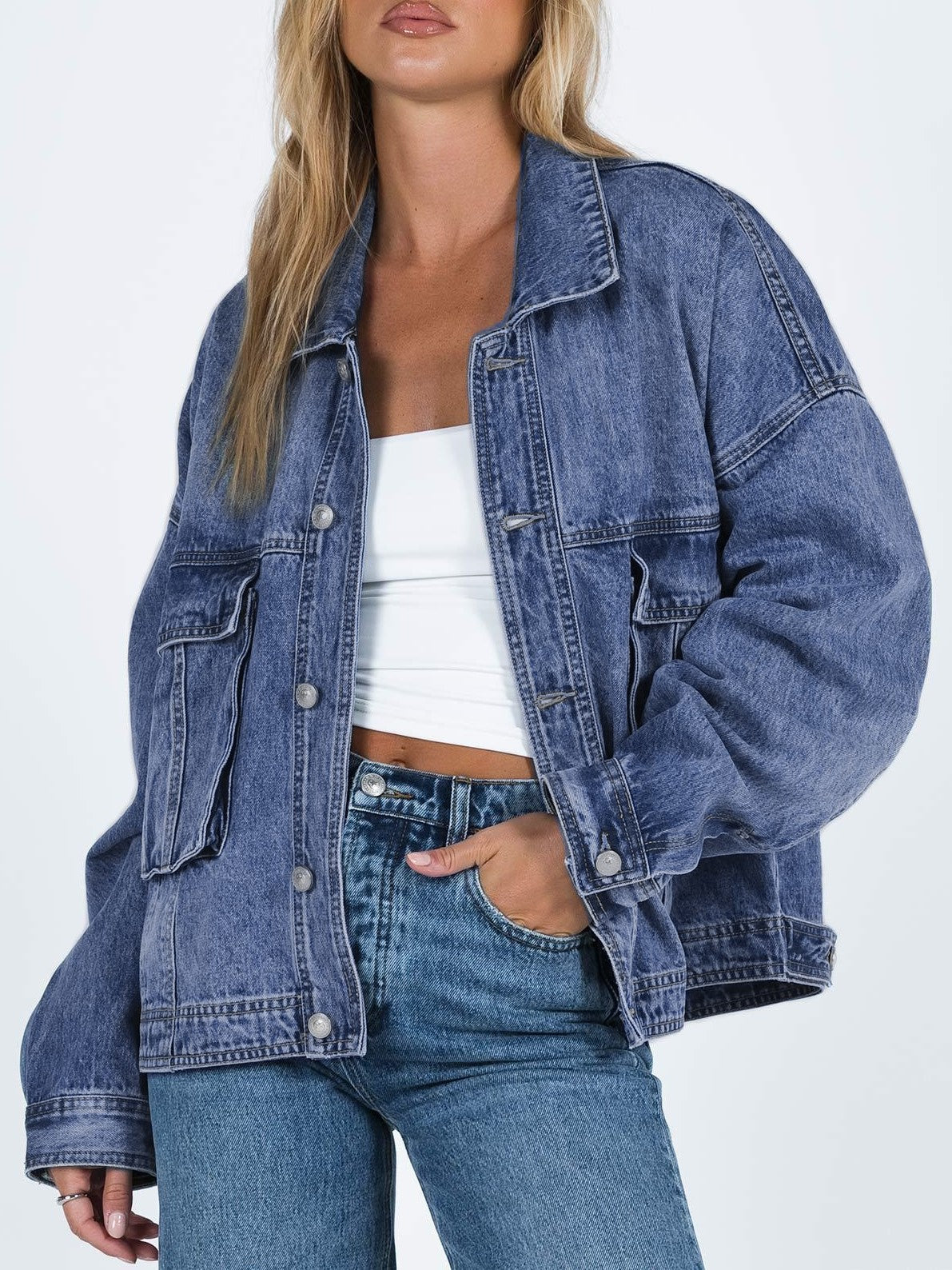 Acid Wash Slouchy Oversized Denim Jacket - Blue