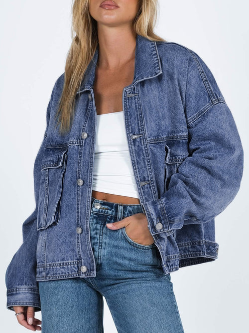 Acid Wash Slouchy Oversized Denim Jacket - Blue