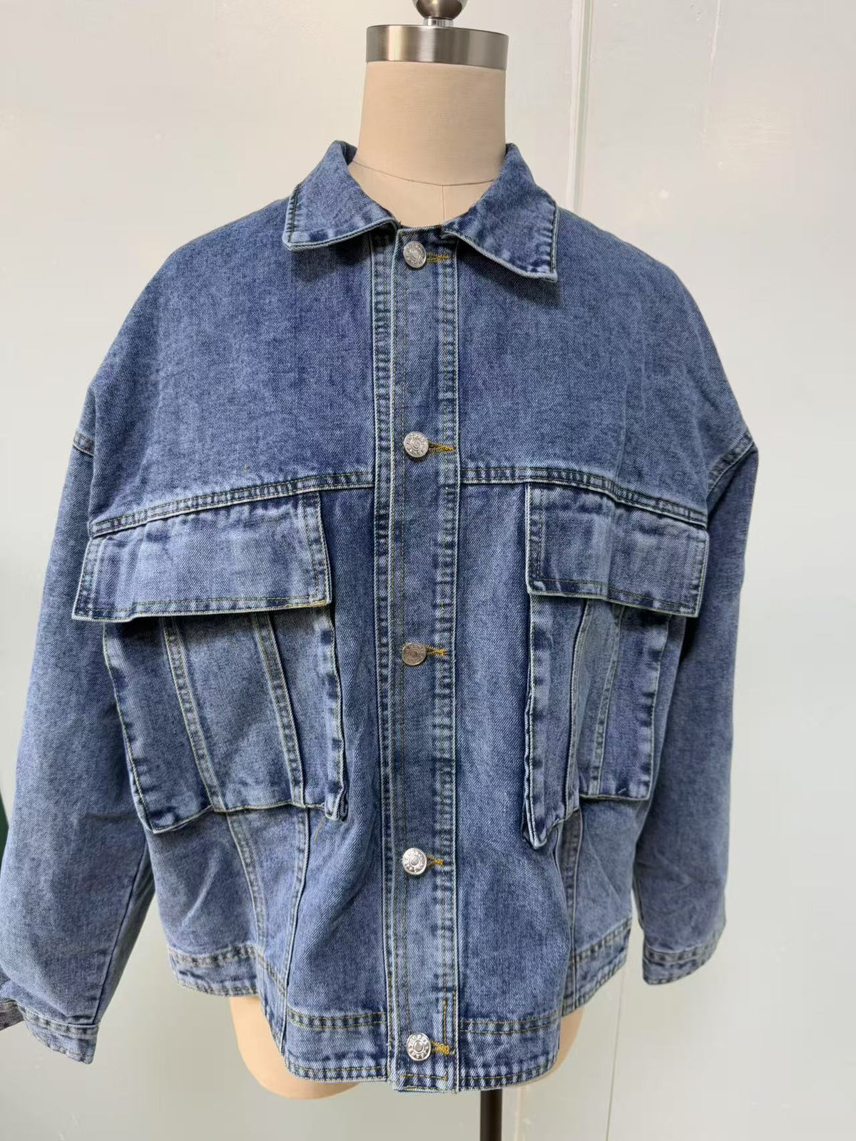 Acid Wash Slouchy Oversized Denim Jacket - Blue - 1