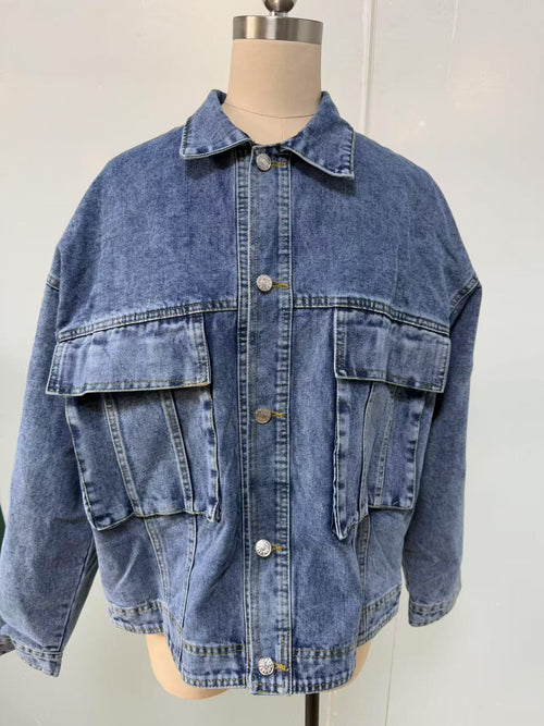 Acid Wash Slouchy Oversized Denim Jacket - Blue - 1
