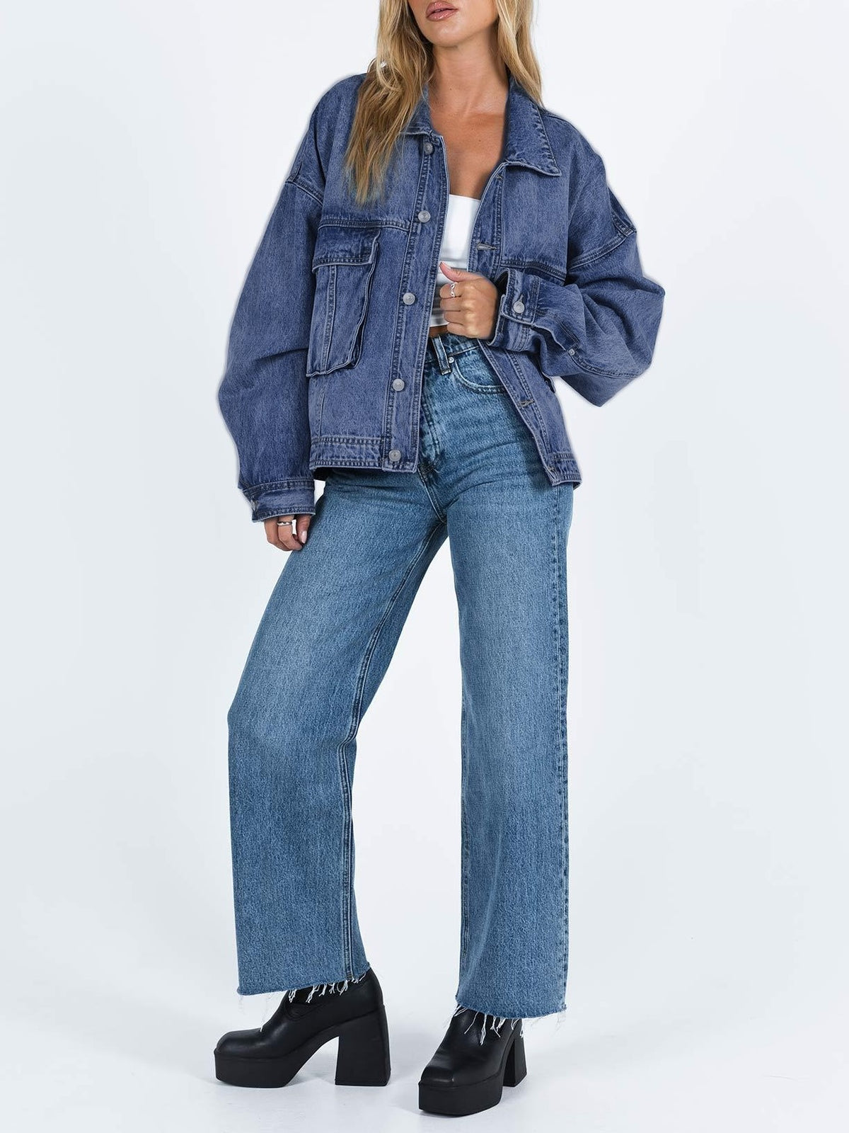 Acid Wash Slouchy Oversized Denim Jacket - Blue - 5