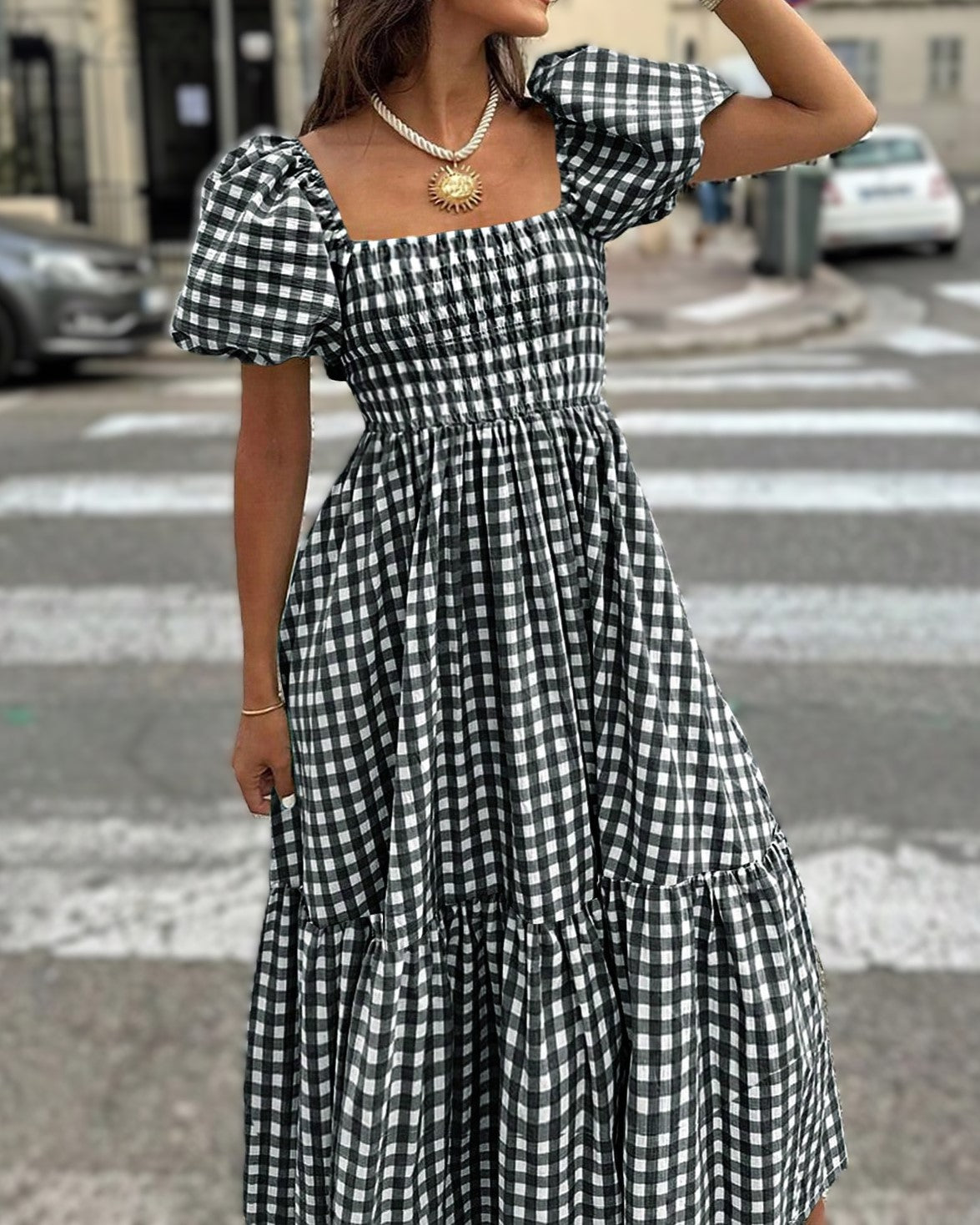 Smocked Gingham Midi Dress With Puff Sleeves - Black