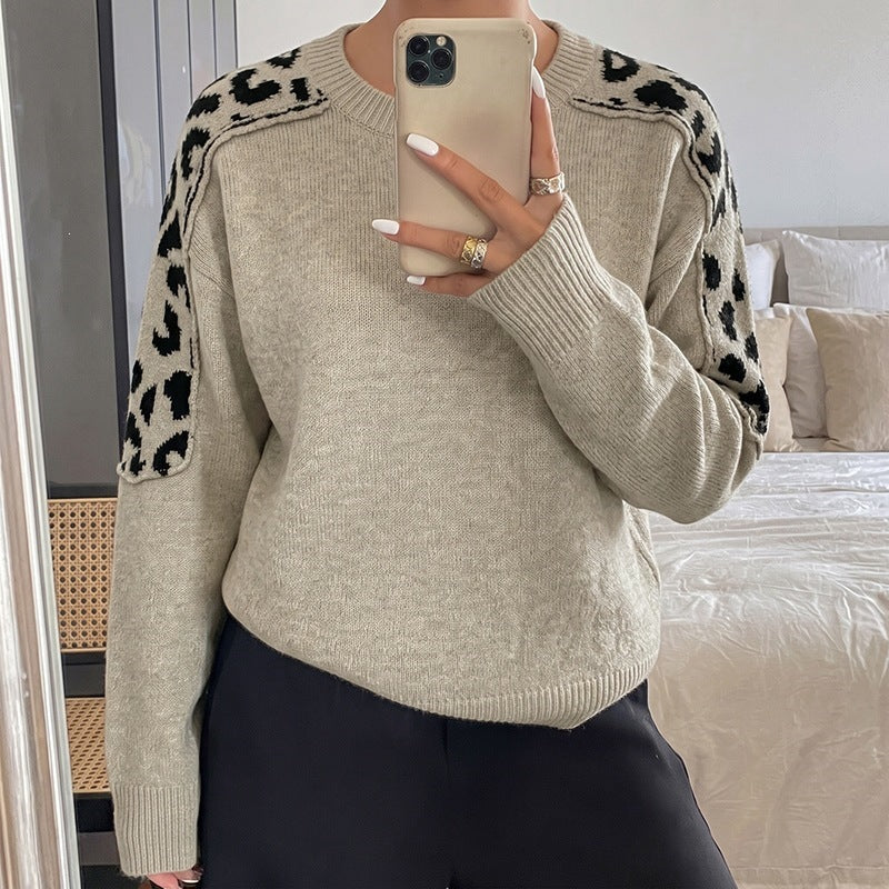 Khaki Leopard Shoulder Panel Relaxed Knit Sweater - Khaki