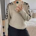 Khaki Leopard Shoulder Panel Relaxed Knit Sweater - Khaki