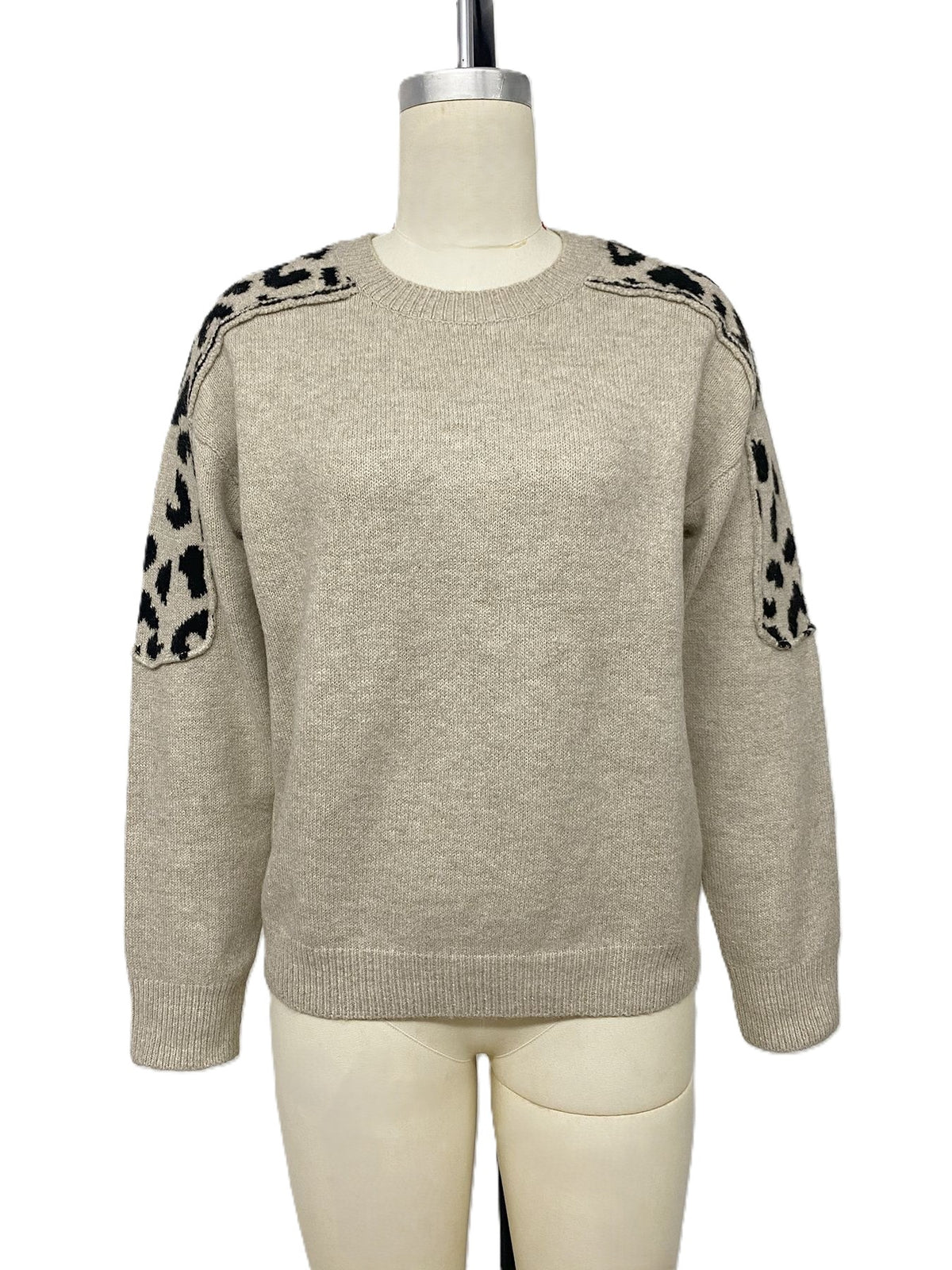 Khaki Leopard Shoulder Panel Relaxed Knit Sweater - Khaki - 1
