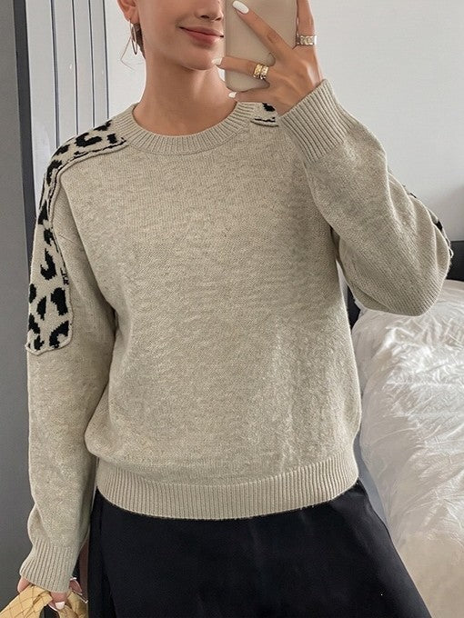 Khaki Leopard Shoulder Panel Relaxed Knit Sweater - Khaki - 2