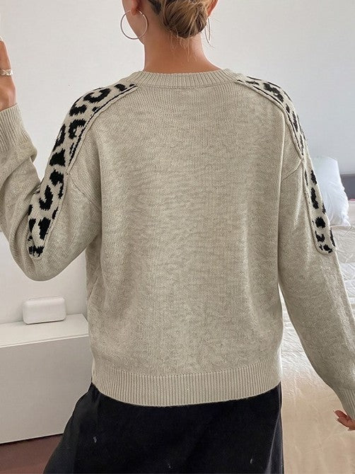 Khaki Leopard Shoulder Panel Relaxed Knit Sweater - Khaki - 3