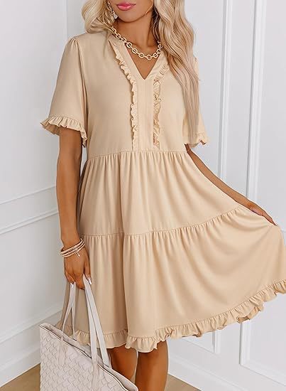Ruffle Trim Tiered Swing Mini Dress - Apricot