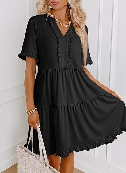 Ruffle Trim Tiered Swing Mini Dress - Black