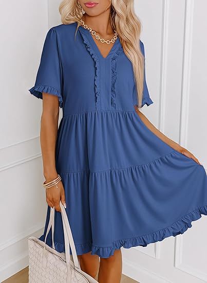 Ruffle Trim Tiered Swing Mini Dress - Blue