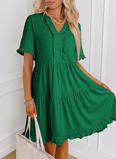 Ruffle Trim Tiered Swing Mini Dress - Green