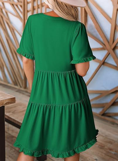 Ruffle Trim Tiered Swing Mini Dress - Green - 1