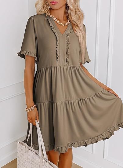 Ruffle Trim Tiered Swing Mini Dress - Khaki