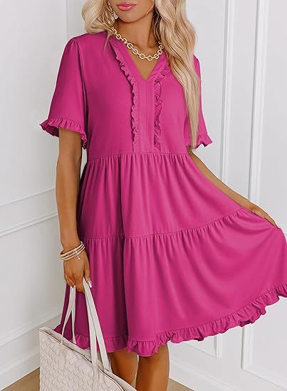 Ruffle Trim Tiered Swing Mini Dress - Rose