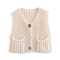 Sleeveless Chunky Knit Cardigan With Pockets - Beige