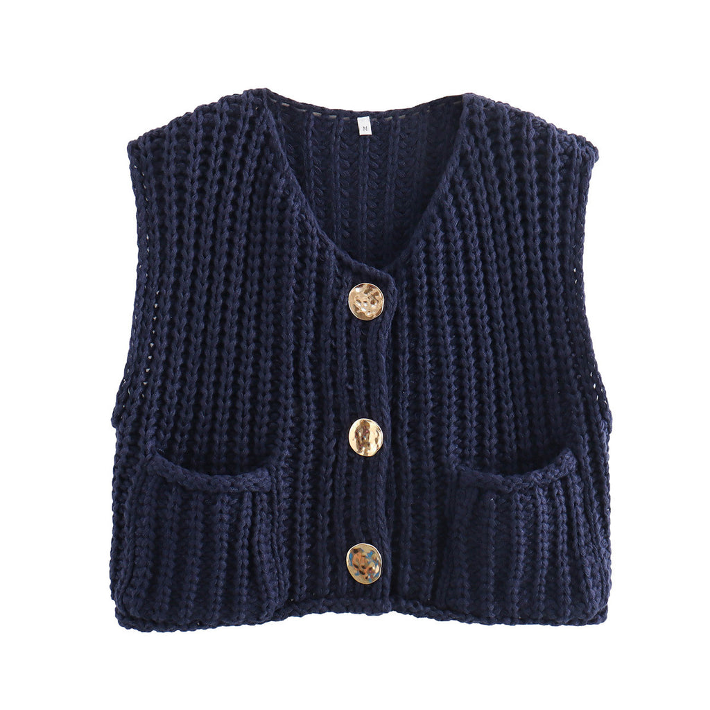 Sleeveless Chunky Knit Cardigan With Pockets - Navy